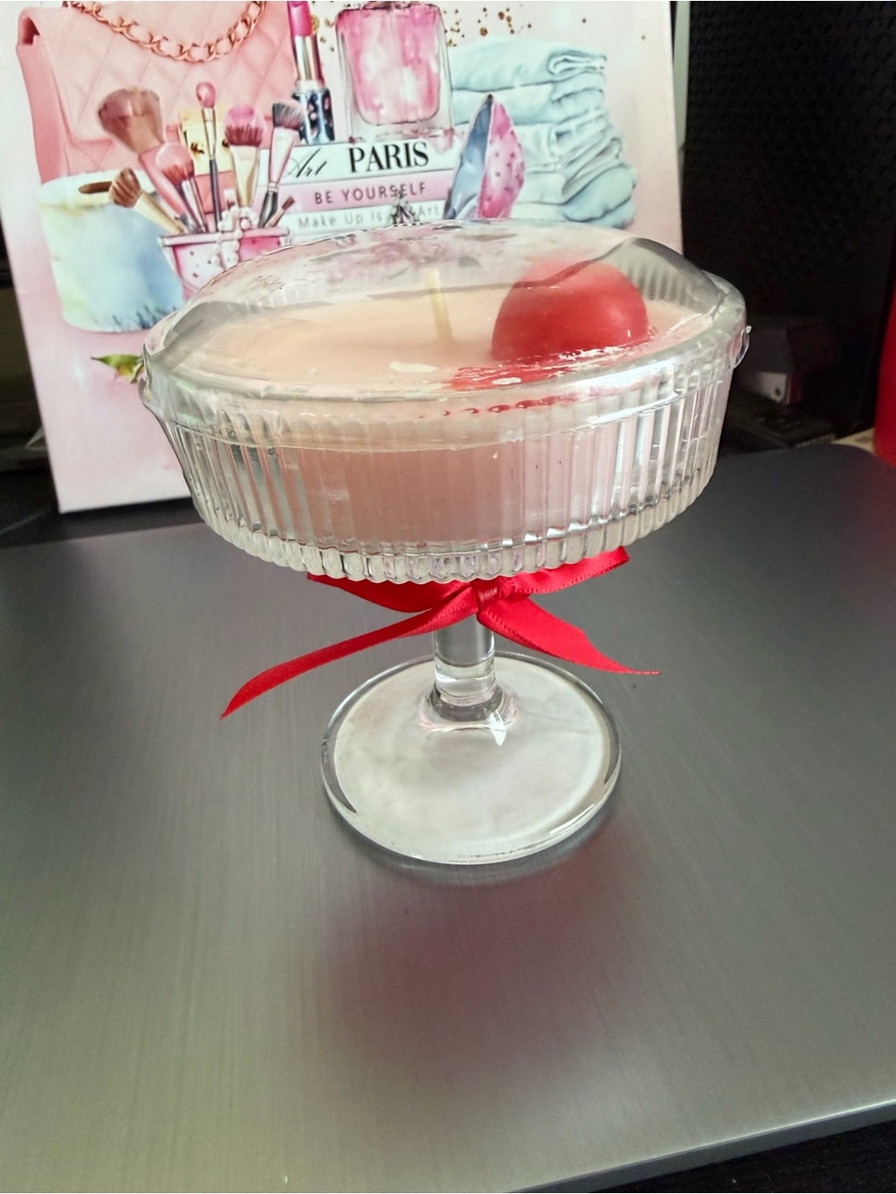 Pink Layered Dessert Candle in Glass Compote with Red Ribbon Cherry Scented